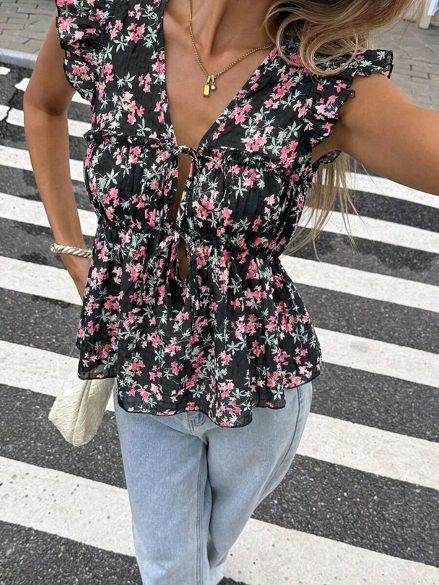 Blusa de verano casual de mujer con estampado floral retro, lazo delantero y volante en el bajo - Rosa - Ver 1