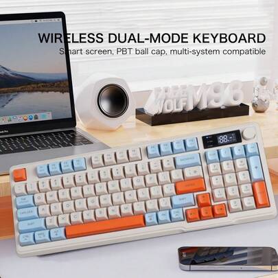 FREEWOLF 免费赠送 WOLF M96 无线键盘，96 键布局，适用于游戏和办公，RGB 背光，静音薄膜按键