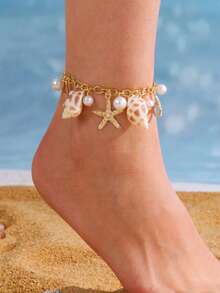 1pc Fashionable Summer Beach Style Seashell & Starfish Faux Pearl Design Versatile Anklet For Girls - Multicolor - View 5