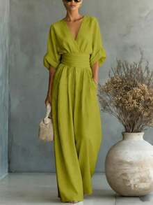 Casual Wide Leg Jumpsuit, Women's Cinched Waist 3/4 Sleeve Linen Romper Vacation - 橄欖色 - 查看 6