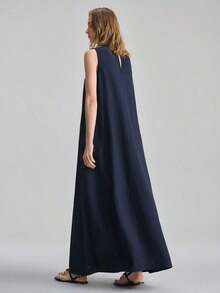 Vestido Largo Elegante Sin Mangas con Cuello Volante, Botones Frontales, Bolsillos y Flecos, Perfecto para Look de Verano y Eventos Informales - Azul - Ver 3
