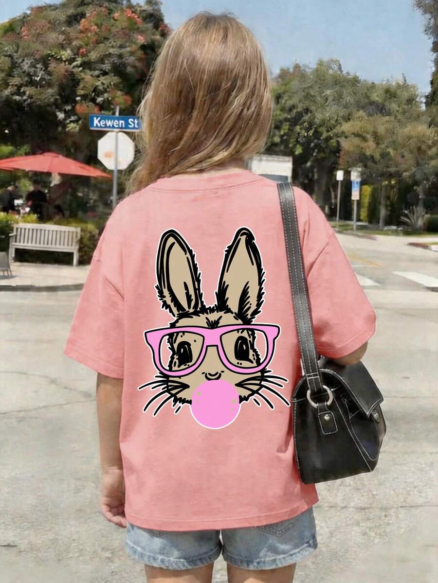 This Casual Dark Gray Round Neck T-Shirt Is Suitable For Slightly Larger Children, Featuring A Creative Rabbit Print Design, Very Suitable For Girls And Slightly Larger Children To Wear. - Pink - View 1