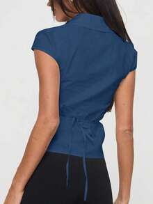 Chemise d'uniforme scolaire décontractée pour femme, sexy vintage bleu marine, col à boutons, manches courtes, coupe slim, devant plissé, été & hiver - Bleu marine - Voir 4