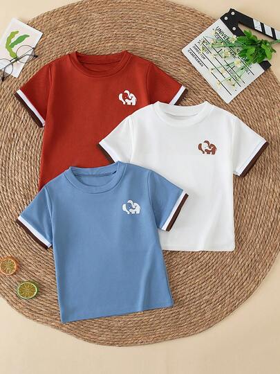 3pcs Boys Short Sleeve T-Shirts, Casual Outdoor Tops, Fits Ages 4-12