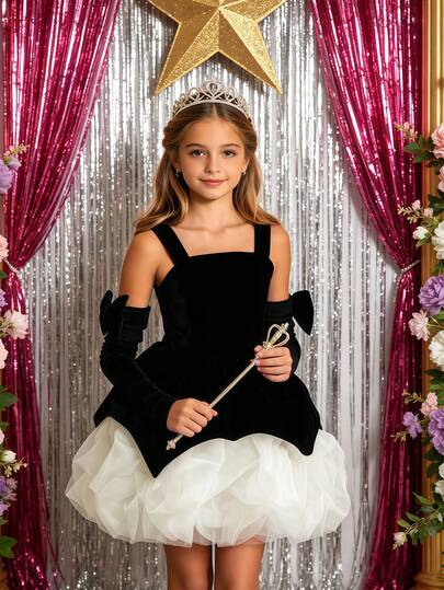 2pcs/Set Girls' Elegant Cute Velvet Bow Swan Bud Dress With Sleeve, Princess Dress For Stage Performance, Birthday Party, Outdoor Vacation, Gathering, Banquet, Easter