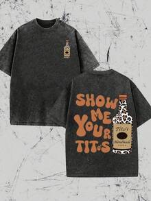 Vintage Vintage Style, Tito's Vodka Enthusiast, Leopard Print Elements, SHOW ME YOU TITOS Humorous Text Memes, Washed Double-Sided Printed Vintage T-Shirt..…. Retro Loose T-Shirt, Men's Casual Style T-Shirt, Machine Washable And Washable Old T-Shirt; Cool Design Pattern T-Shirt, Durable And Comfortable Fabric, Street Fashion Sense, A Must-Have For Street Style Enthusiasts, Top-Level Sportswear, Suitable For Daily Commuting, Dating, Leisure Matching, Suitable For Holiday Gift Giving, The First Choice For Gift Giving. MY3R - 黑色 - 查看 1