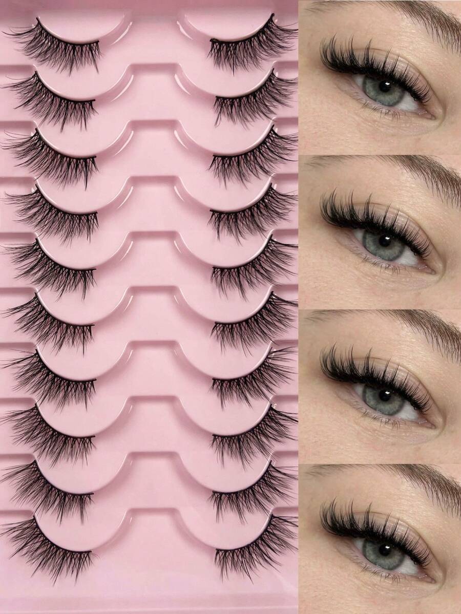 10 Pairs 5-11mm Half False Eyelashes Dense Crossed Natural Look Wispy Fluffy Cat Eye Lashes Reusable Soft Lightweight For Daily Makeup