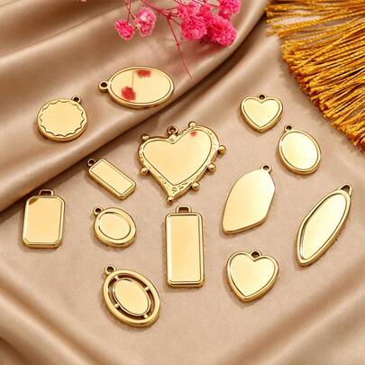 5-Piece Set Of 304 Stainless Steel 18K Gold-Plated Fashionable Geometric Heart, Circle, Square, And Other Shaped Pendant Bases With Gemstone Settings For DIY Necklace, Earring, And Bracelet Jewelry Making-Perfect For Women's Everyday Wear