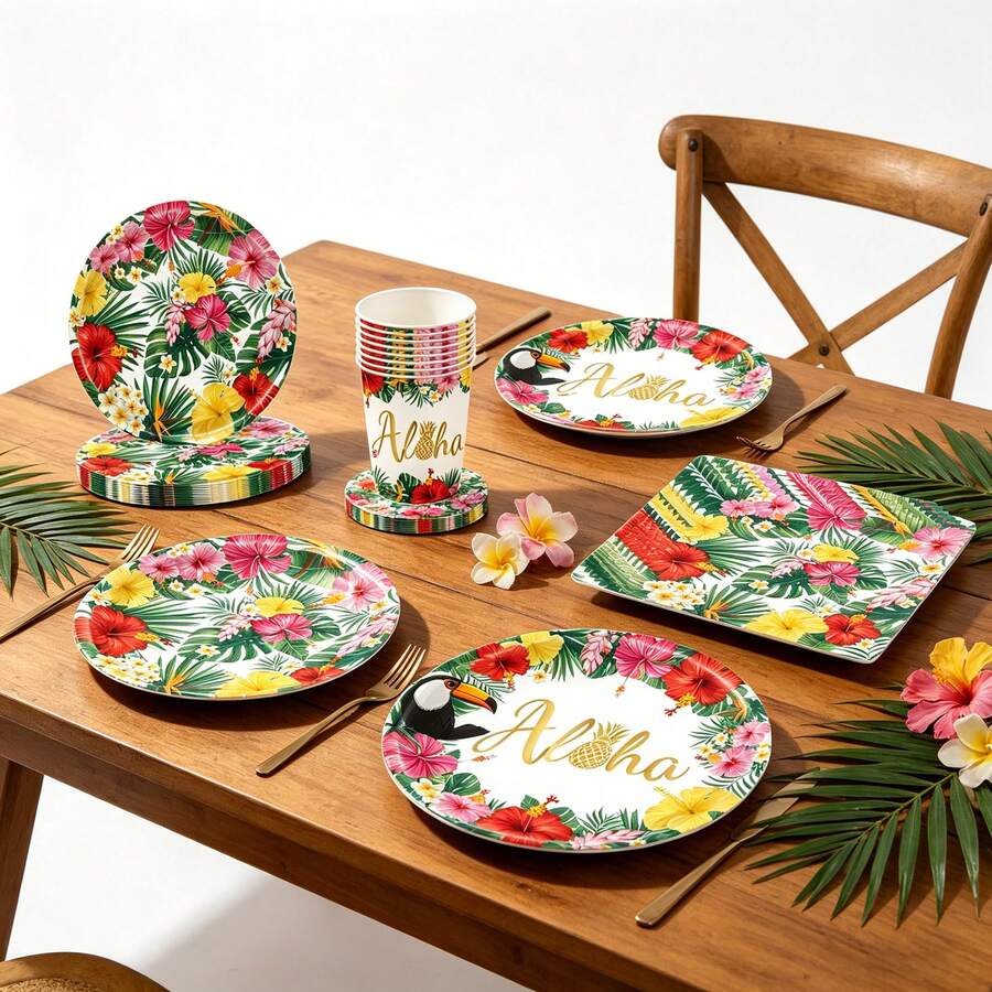 Hawaiian Style Hibiscus Theme Disposable Tableware Set, Including Plates, Napkins, Cups, Suitable For Summer Parties - View 1