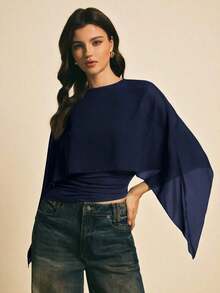 Blusa casual con cuello chal marrón para mujer, blusas elegantes para mujer, blusas casuales para mujer, apropiada para uso diario, salir, ir y venir en otoño/invierno, blusa de manga de murciélago, blusa marrón café, blusa marrón oscuro - Azul marino - Ver 5