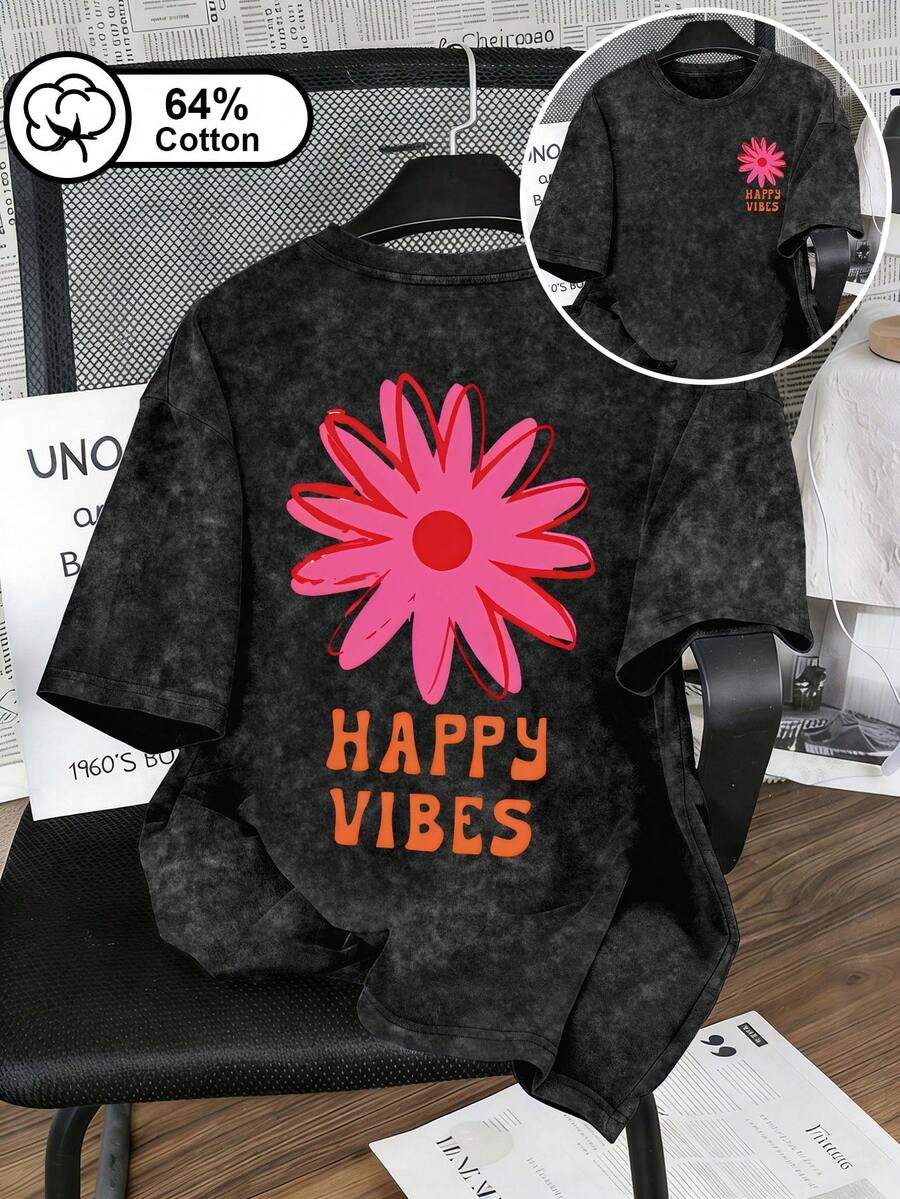 Áo thun nữ cỡ lớn, kiểu vintage wash với khẩu hiệu "Happy Vibes" và họa tiết hoa cúc, áo thun tay ngắn cổ tròn in hai mặt họa tiết hoa màu hồng mang năng lượng tích cực, thích hợp mặc hàng ngày, đi chơi, đi làm, áo mùa hè màu đen. - màu đen - Xem 1