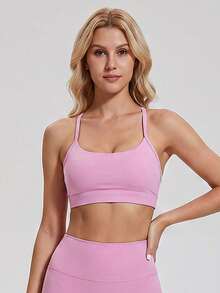 Women's Thin Strap Round Neck Sports Bra - Pink - View 4