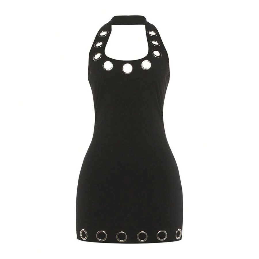 1PC New Summer Women's Fashion Halter Neck Backless Sexy Slim Fit Bodycon Dress - 黑色 - 查看 1