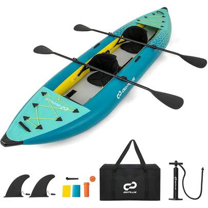 Tandem Infable Kayak, 12.5FT 2-Person Kayak For Adults W/507 LBS Weight Capacity, 2 Aluminium Oars, Padded Seat, 2 Fins, Hand Pump, Carry Bag, Repair Kit, Portable Touring Kayaks