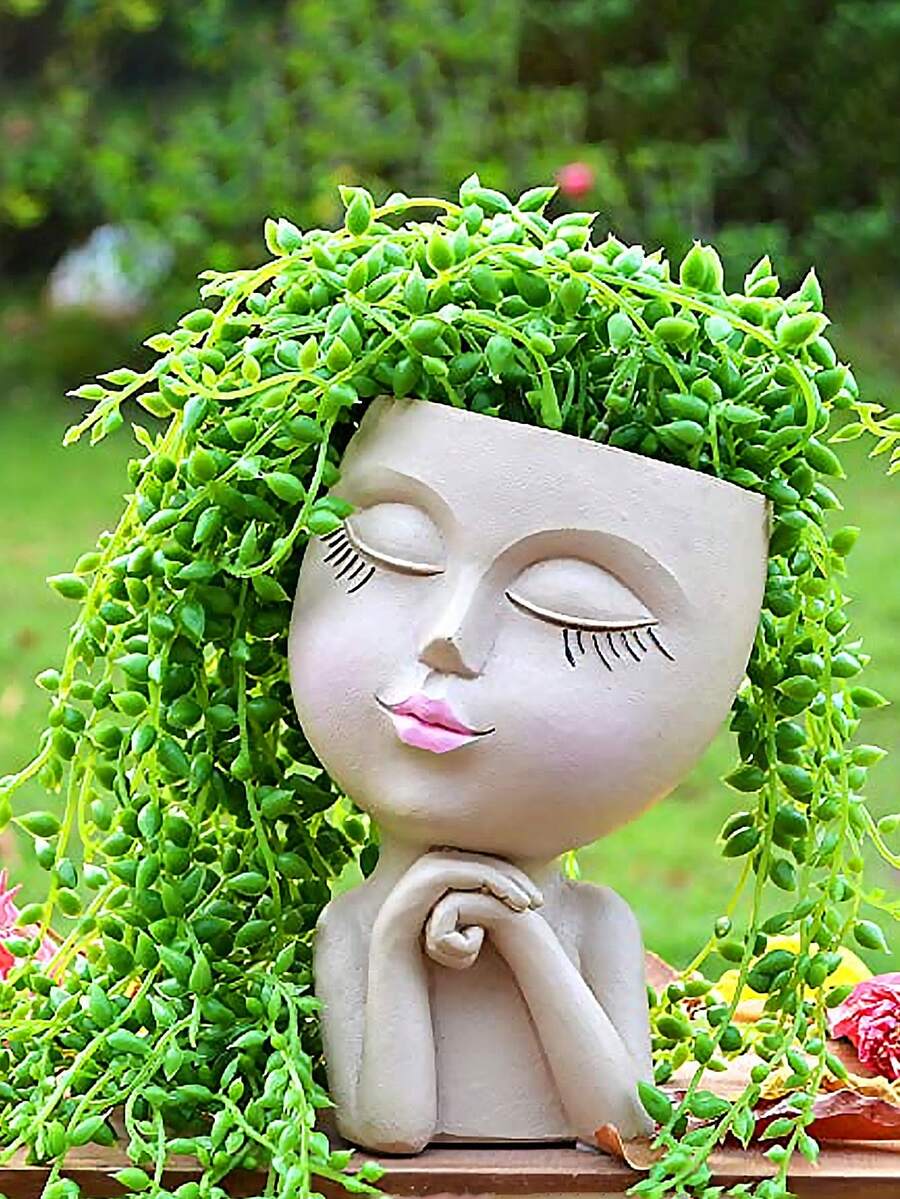 人脸造型花盆/花盆,适合室内外植物,树脂材质,适合多肉植物,底部有排水孔,可爱女士脸型花盆 - B - 查看 1