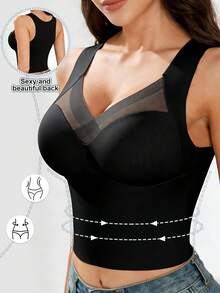 EssElegance 1pc Women's Bra, Wire-Free, Push-Up, High Elasticity Tight-Fitting Corset, Built-In Padding Sports Tank Top - Black - View 1