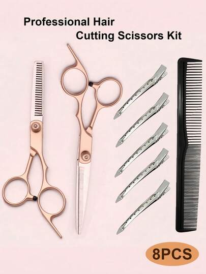 8pcs C1000 Rose Gold 6-Inch Scissors Set, Professional Hairdressing Tools - Includes Scissors, Trimmers, Hair Clips And Combs, A Complete Haircut Kit For Salon And Home Use. With Sectioning Clips And Combs, Suitable For Men And Women. Made Of High-Quality Rose Gold For Salon-Level Results At Home.