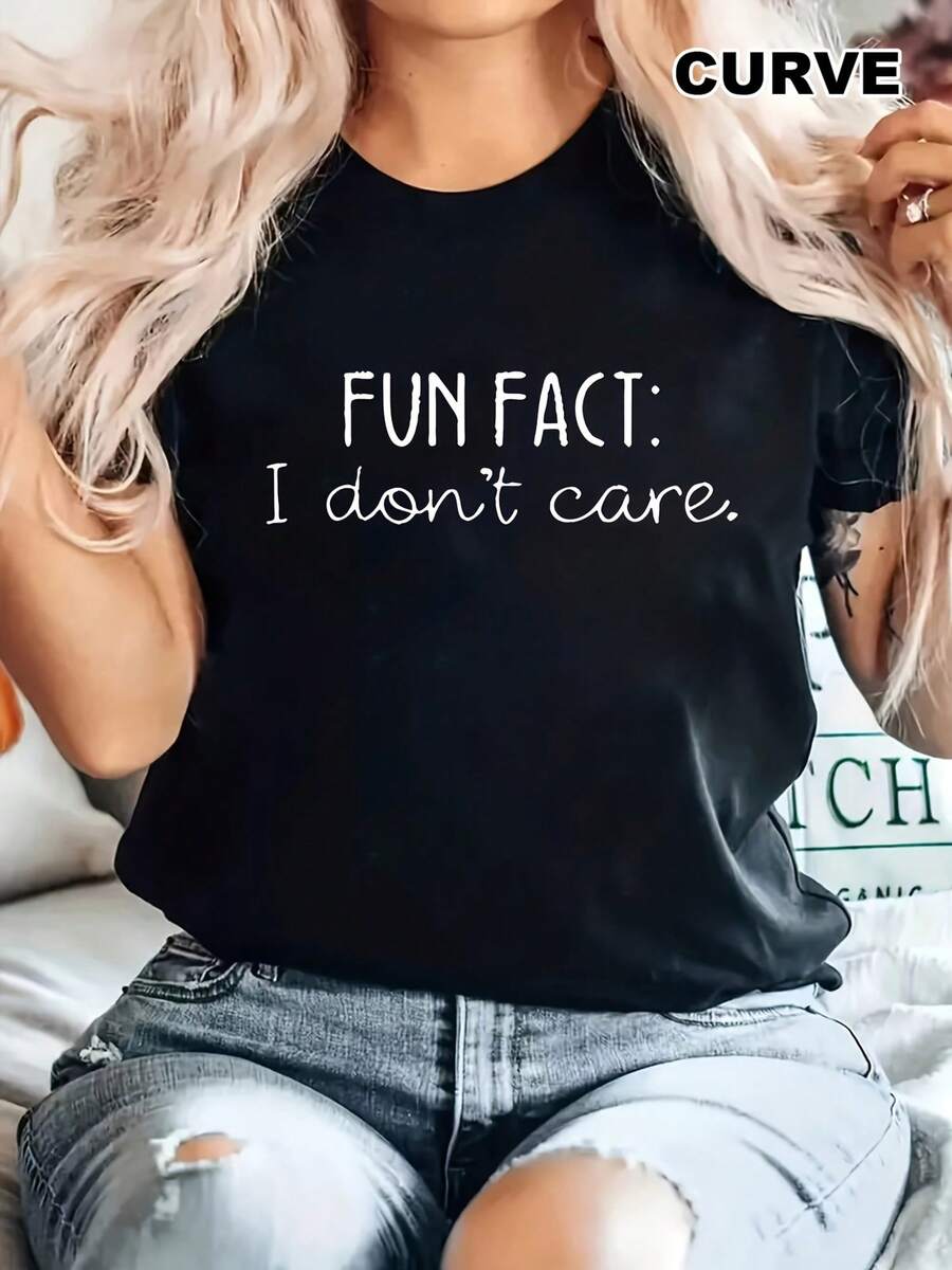 Women's Plus Size T-Shirt With Letter Print - 黑色 - 查看 1