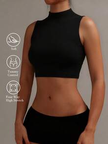 XLLAIS Regata Esportiva Feminina de Gola Careca Ajustada, Colete Básico de Dupla Camada de Alta Elasticidade para Fitness, Verão - Preto - Visão 9