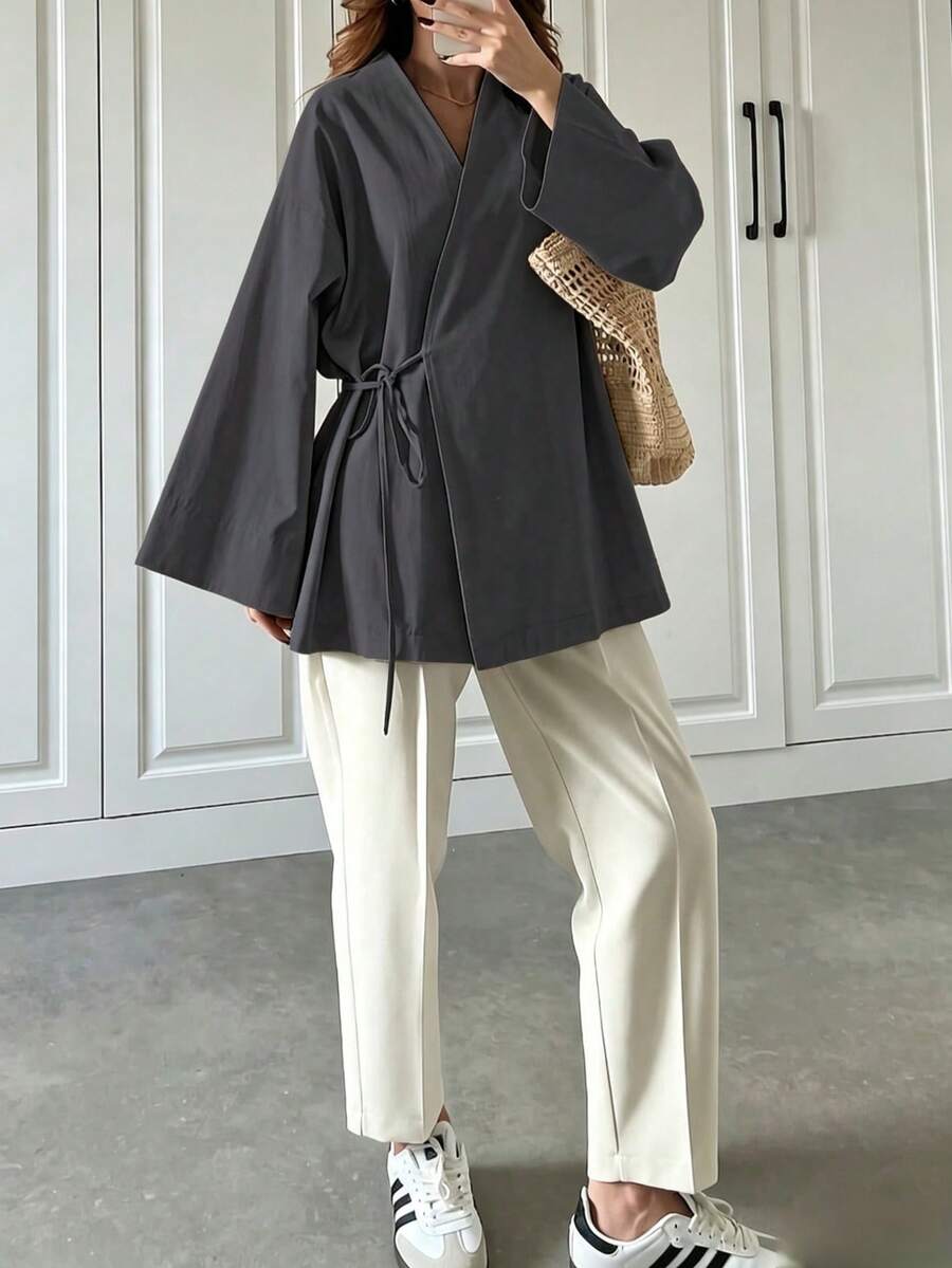 Women's Autumn New Minimalist Long Sleeve Tie-Front Shacket, Suitable For All Seasons - Dark Grey - View 1
