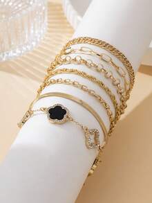 Juego de 7 piezas de pulseras de tobillo de estilo de vacaciones de verano con diseños de cadena versátiles y clásicos, trébol hueco brillante dorado y trébol de cinco hojas negro dulce para mujeres - Negro - Ver 5