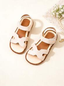 1 Pair Fashion Children's Sandals, Beige Girls' Flat Sandals, Hook And Loop Design, Soft Non-Slip Wear-Resistant Sole, Suitable For Banquets, Gatherings, Parties, Weddings, Vacations - Beige - View 2