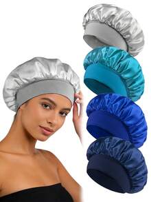 3pcs Women's Multi-Color Wide-Brim Headband, Silk Satin Material, Suitable For Everyday Wear Hair Sleep Cap Sleep Bonnet - Rose Khaki Hole Blue - View 3