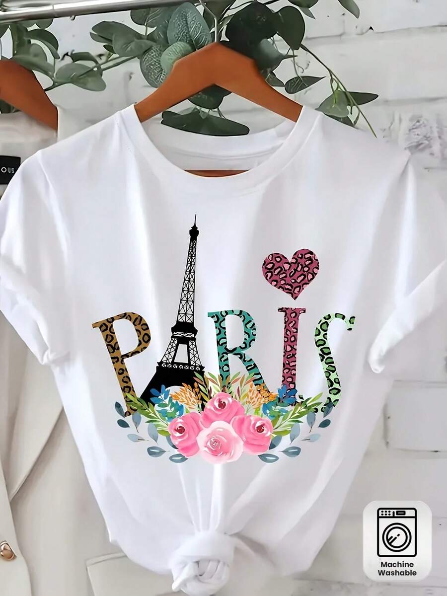 Camiseta Gráfica Parisina Naranja Vibrante para Mujer - Estampado de la Torre Eiffel con Flores Francesas, Corte Holgado, Casual, Ideal para el Verano, Lavable a Máquina, Material Transpirable, Estilo Unisex para Hombres y Mujeres, Camiseta de Manga Corta Estampada Verano 2025, 220G Puro