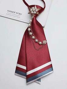 1pc No-Tie Pearl Flower Necktie, Striped Double-Layer Pre-Tied Necktie, Suitable For Casual Streetwear And Party Outfits JBB3 - Burgundy - View 18