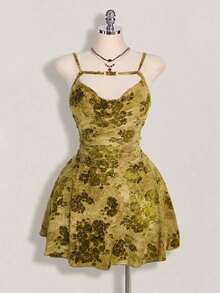 ICON Vestido con cuello en V profundo con decoración de cuentas y efecto flockado en estilo retro Y2K de talla grande, vestido con tirantes en estilo chino vintage con cuello en V profundo, adecuado para citas, banquetes, vacaciones y fiestas - Amarillo - Ver 6