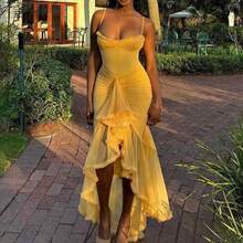 Women's Strapless Ruched Mesh Ruffle Tiered Slit Maxi Dress Elegant Formal Party Evening Gown Slim Fit Sweetheart Neck Prom Dresses For Women - 黃色 - 查看 1