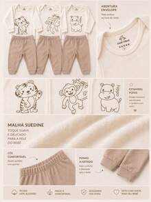 Baby 2-Piece Set: Long-Sleeved Bodysuit + Pants, 100% Cotton Suedine, Safari Animal Print (Tiger, Monkey, Hippopotamus), Unisex, Newborn To Extra Large, Neutral Beige, Maternity Set, Baby Clothes - Hổ - Xem 4