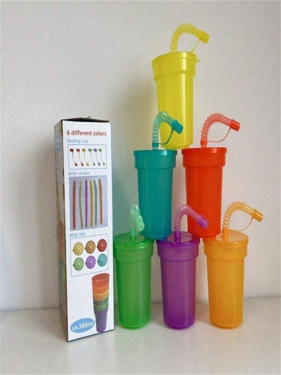 Bộ 6/8 chai nước có ống hút mềm dẻo 380ml/13oz kèm nắp chống rò rỉ - Chai nước nhựa tái sử dụng tiện lợi cho du lịch và sử dụng tại nhà. - màu sắc - Xem 1