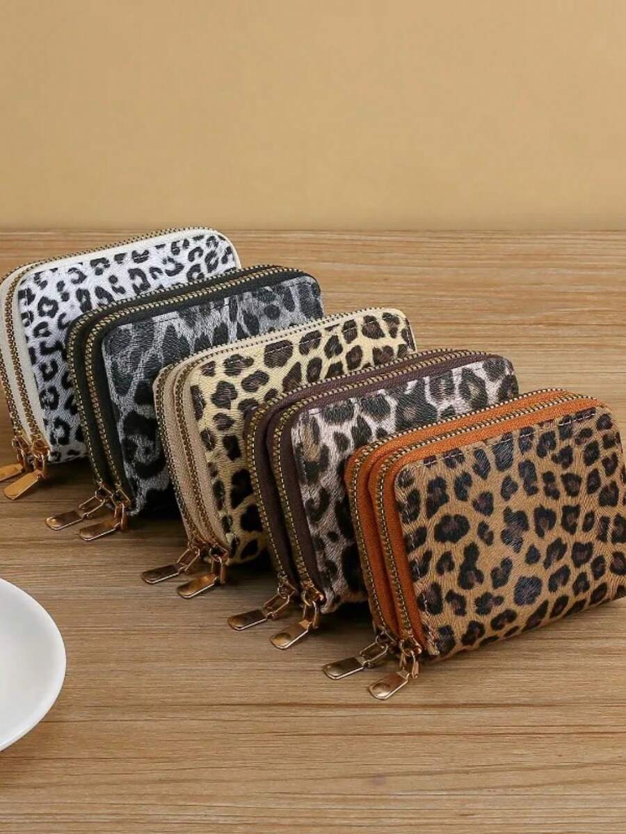 Double Zipper Card Bag Id Holder Caredit Card Holder Cute Purse Leopard Print Short Wallet Woman Coin Purse Coin Pouch,Wallet For Women - Multicolor - View 1