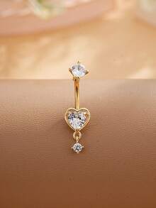 1pc Stainless Steel Heart Shaped Navel Ring With Inlaid Zirconia Stone Four-Claw Design, Sexy Belly Button Piercing Jewelry For Holiday Wear - Four Claws - View 2