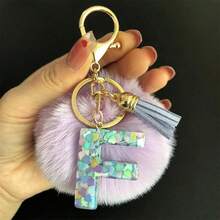 1pc Women's Capital Initial Keychain, Resin Letter, Purple Furball Tassel Keyring, Colorful Heart Sequin Charm, Gift For Friends And Girlfriends - Mauve Purple - View 35