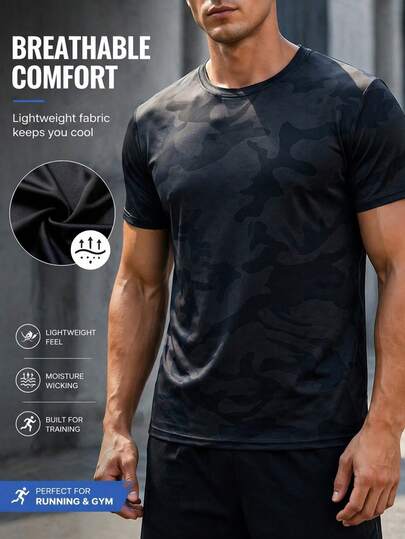 Breathable Quick Dry Fit T-Shirt Men's Dark Camouflage Tee, Slim Fit Urban Streetwear Short Sleeve Shirt For Daily Wear