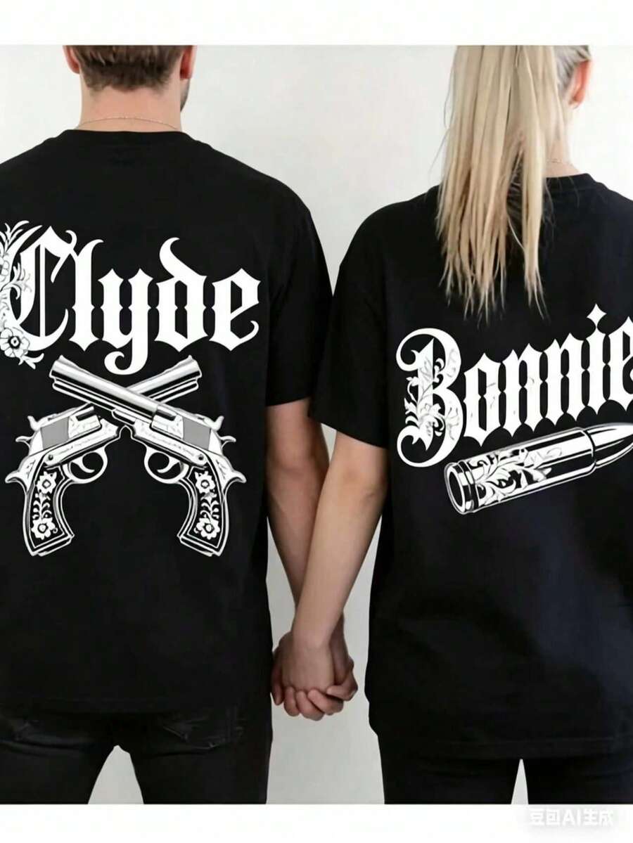 Couple Matching Gothic Bonnie And Clyde Print Hoodie, Unisex 250g Heavyweight Fleece Drawstring Pullover, Valentine's Casual Gift Sweatshirt - 男士款黑色 - 查看 1