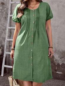 Vestido casual plisado de manga raglán de cuello redondo y manga corta de unicolor talla grande - Verde - Ver 12