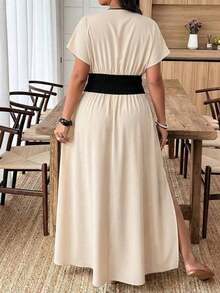 Weeklong Vestido de mujer talla grande con cuello en V profundo y estampado aleatorio - Albaricoque - Ver 2