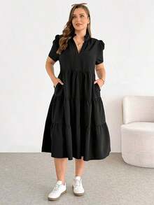 Shapeblank Vestido midi negro básico de manga corta, cómodo y suelto, para uso diario y versátil, de moda casual para mujer talla grande en primavera/verano, vestido de bolsillo, vestido elegante - Negro - Ver 5