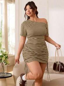 Solflare Vestido casual versátil de primavera/verano, adecuado para salidas, uso diario, fiestas, festivales de música, regreso a la escuela, graduación, vacaciones, bodas, hogar, transporte, ropa de calle. Hombro asimétrico, tela de punto acanalada a rayas en color albaricoque y negro, elástica, longitud ajustable, manga corta, fruncido en todo el Body, corto, ajustado, talla grande - Café integral - Ver 7