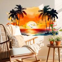 1pc Summer Bestseller Sunset Beach Coconut Tree Creative Wall Sticker For Summer Living Room Home Decor - Multicolor - View 5