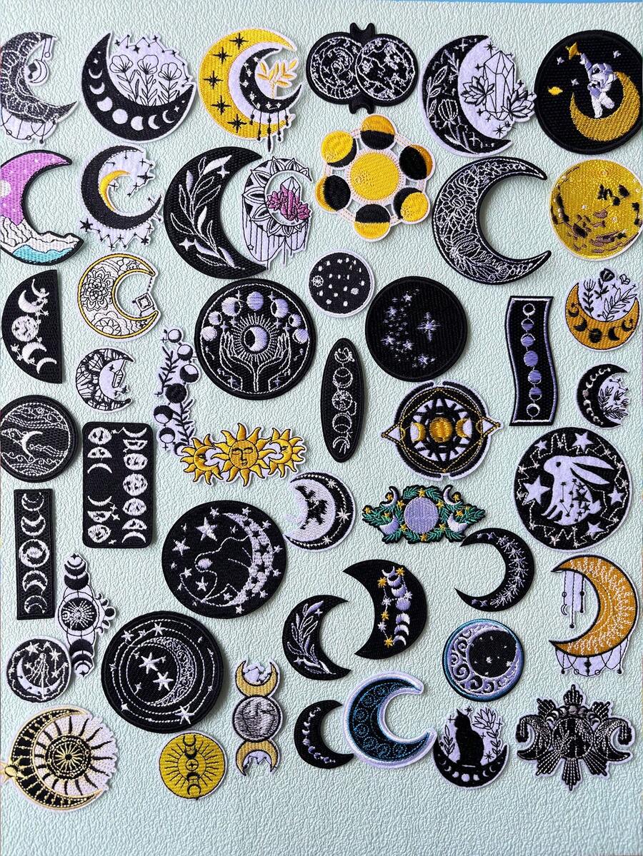 10/20/48入刺繡月亮主題貼布繡花，隨機圖案，衣物修補貼片，適用於配件、DIY包包、鞋子、帽子、手帳、家居裝飾，隨機顏色，可燙貼，縫製更牢固 - 月亮款 - 查看 1