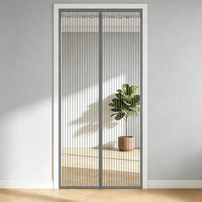 Rèm cửa chống muỗi sọc xám bằng lụa băng, lưới siêu dày, tự đóng bằng nam châm, lắp đặt không cần khoan, an toàn cho trẻ em và thú cưng, sử dụng được cả trong nhà và văn phòng.