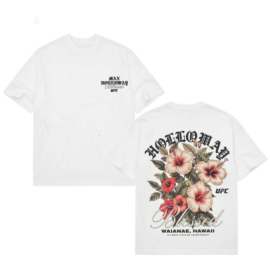 [Graphic Tee] 100% Cotton Max Holloway "Blessed" Hawaii Hibicus Heavy Cotton Tshirt BMF Tshirt 318 Fitted Green Round Neck Casual Apparel Gym Novelty Tops, Spring Tops, Summer Camisas, Autumn Short Sleeves Camiseta, S-7XL T-Shirt For All Body Types, Perfect For Dates, Outdoor Activities And Casual Wear - 白色 - 查看 1