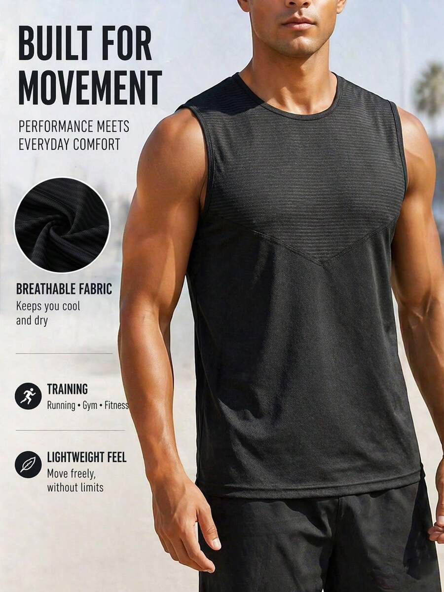 Camiseta de tirantes de secado rápido para hombres, camiseta sin mangas con panel en V texturizado para gimnasio & deportes de carrera - Negro - Ver 1