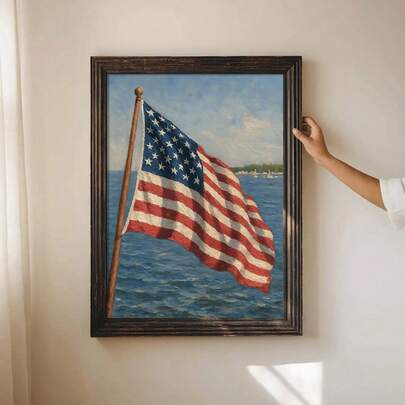 1 pieza Cartel de lienzo con bandera americana costera del 250 aniversario, enmarcado/sin enmarcar, arte de pared minimalista patriótico vintage del Día de la Independencia de Estados Unidos, adecuado para apartamento, sala de estar, dormitorio, decoración del hogar moderna