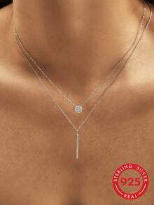 1pc 925 Sterling Silver Double-Layer Necklace, Shiny Round Pendant, Elegant Wedding Jewelry Gift For Women - Silver - View 1
