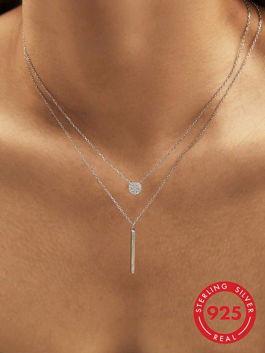 1pc 925 Sterling Silver Double-Layer Necklace, Shiny Round Pendant, Elegant Wedding Jewelry Gift For Women - Silver - View 1